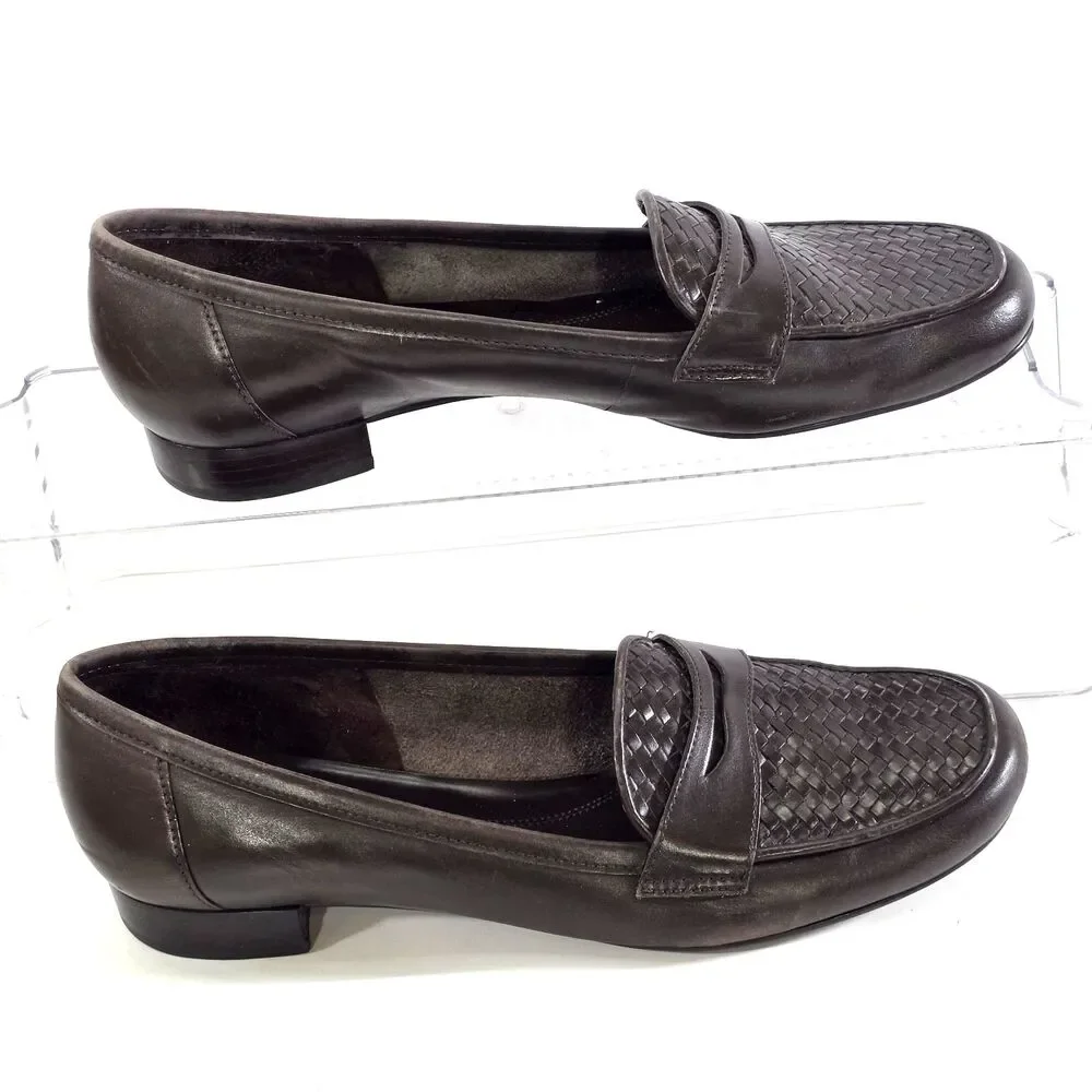 Michelle D Brown Leather Penny Loafers Quiet Luxury Woven Moc Comfort Flats 9.5M